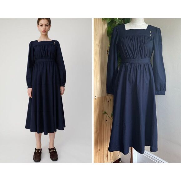 Moussy Midi Dress 1 S Square Neck Cinched Empire Waist Cottagecore Milkmaid Navy - Picture 1 of 16